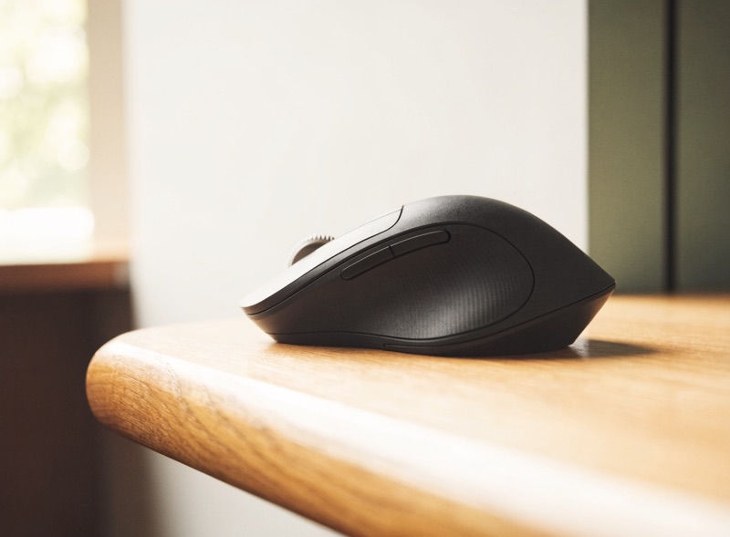 An ergonomic wireless mouse on a felt desk mat